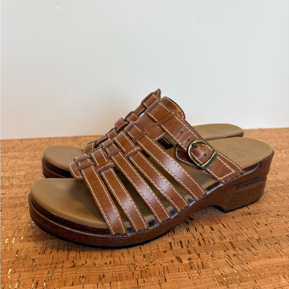 Dansko Brown Leather Woven Slide Clogs with Buckle